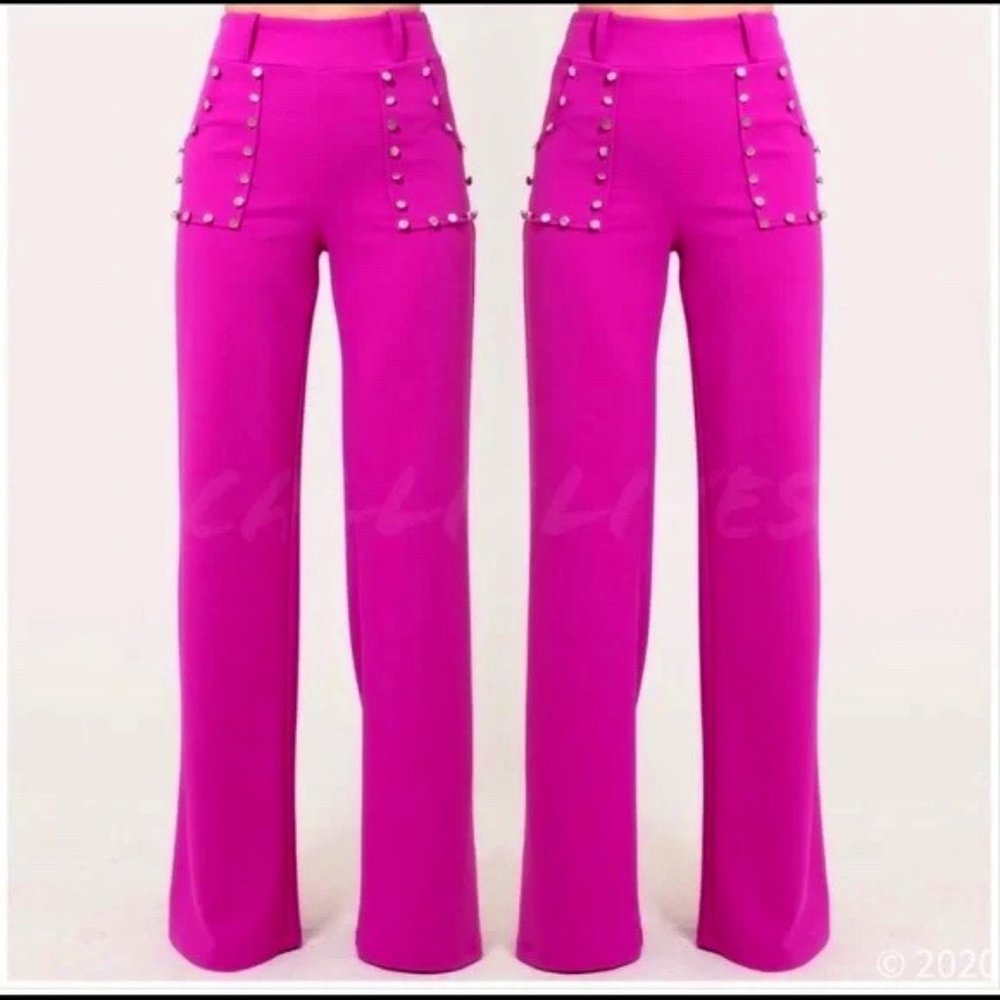 Elaine Coming in Hot: Pink High Waist Slacks w/ Nail Studs on Pockets M - Picture 2 of 10